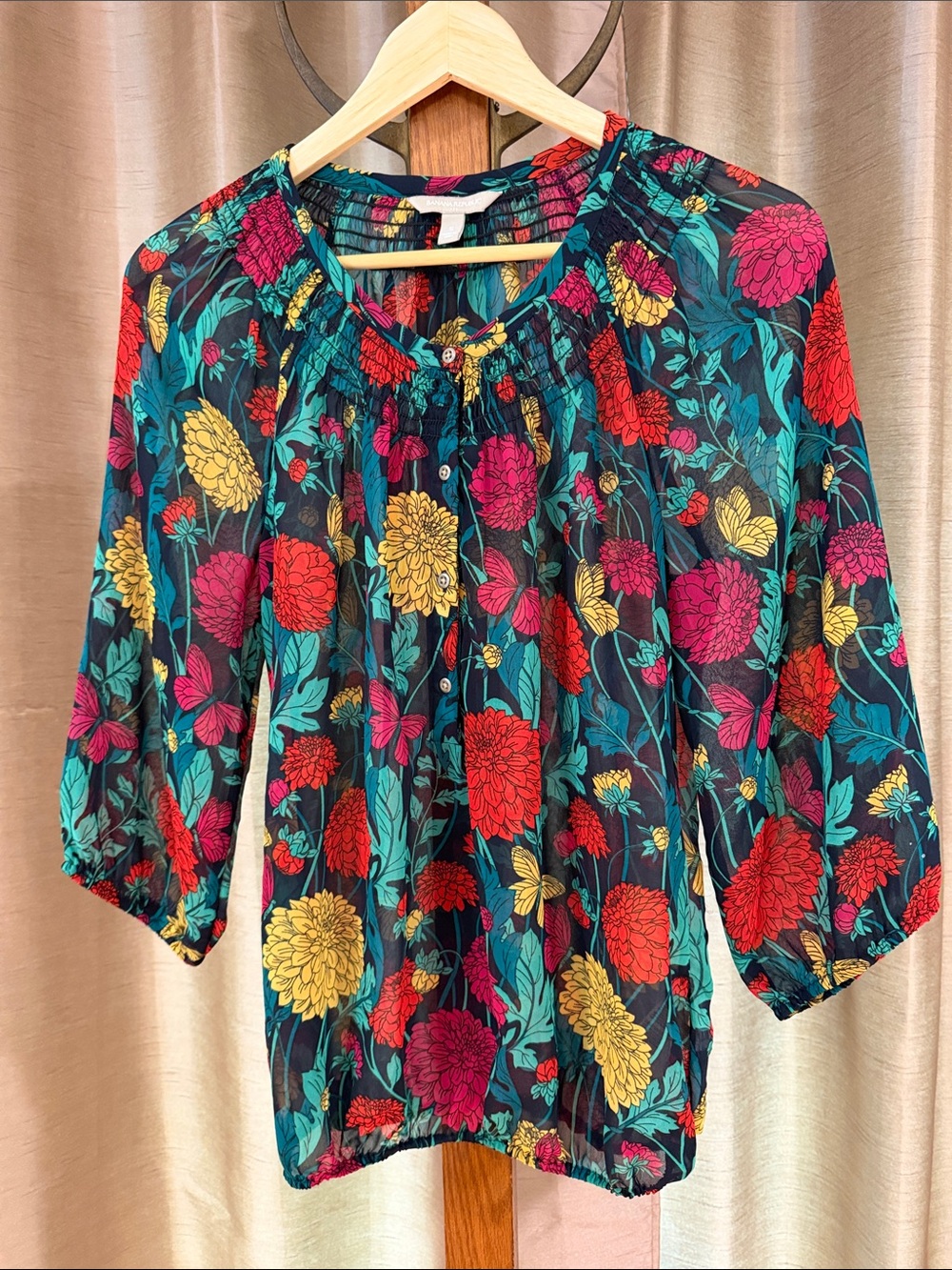 Banana Republic Floral Button-Front Peasant Blouse - Teal, Red, Yellow